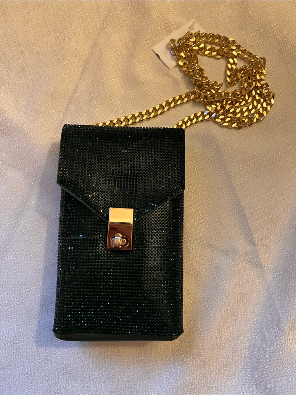 Black Sequin Crossbody Phone Bag with Gold Chain